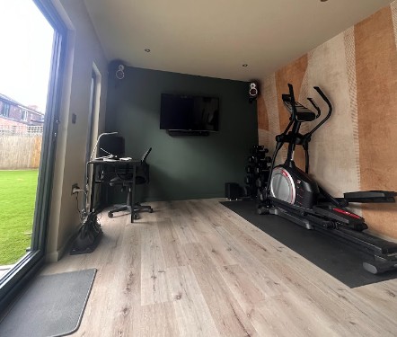 exercise bike and home office set up