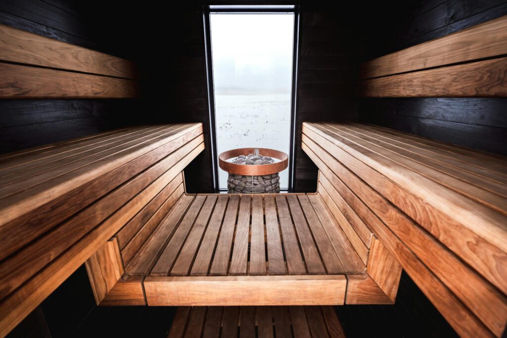 inside view of garden sauna room two benches