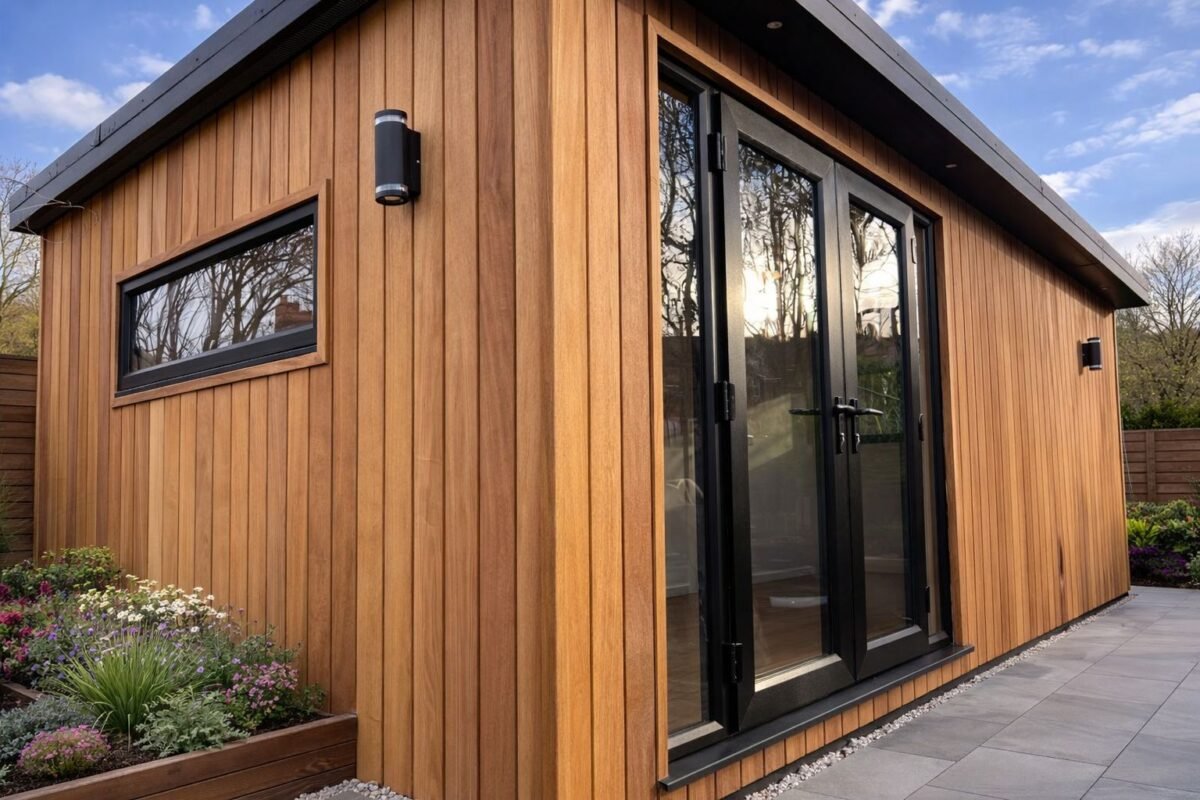 close up of sip panel garden room with light wooden cladding