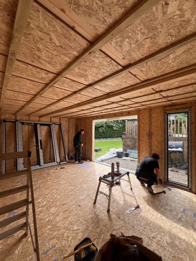 garden office internal shot of sip panel structure boarded out