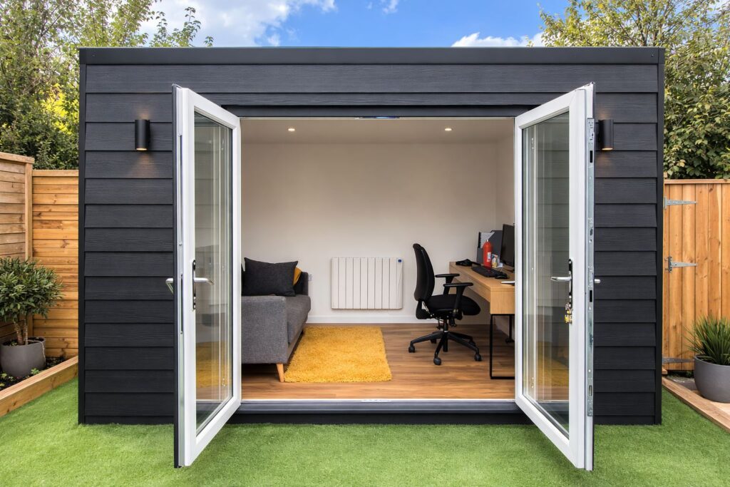 small sip panel garden with black cladding and french doors open