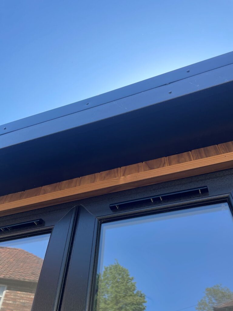 garden office urmston greater manchester lux garden rooms 300mm overhang close up