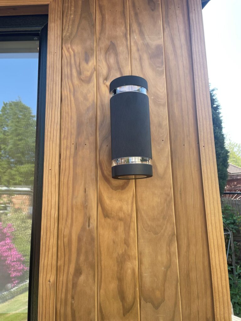 garden office urmston greater manchester lux garden rooms external lighting and cladding close up