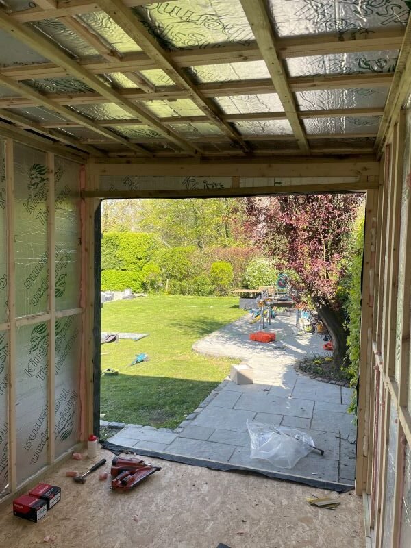 garden gym in macclesfield cheshire by lux garden rooms inside view during build with insulation