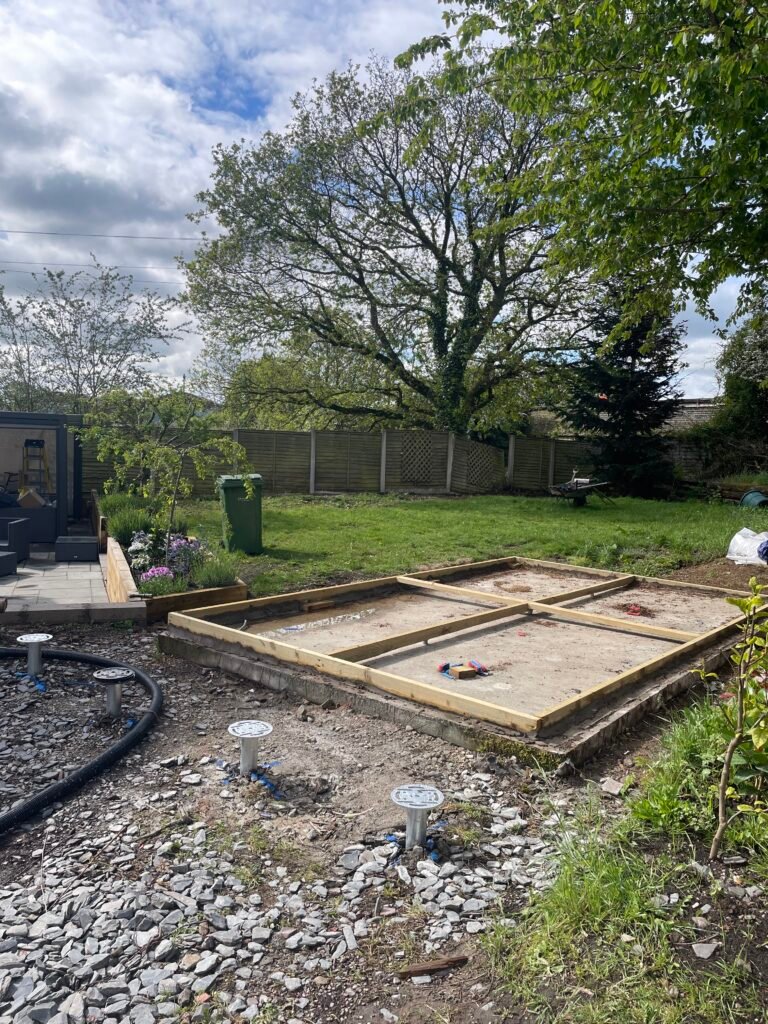 garden room base concrete and ground screws