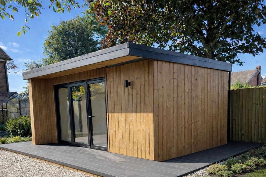 Large garden office with light cladding